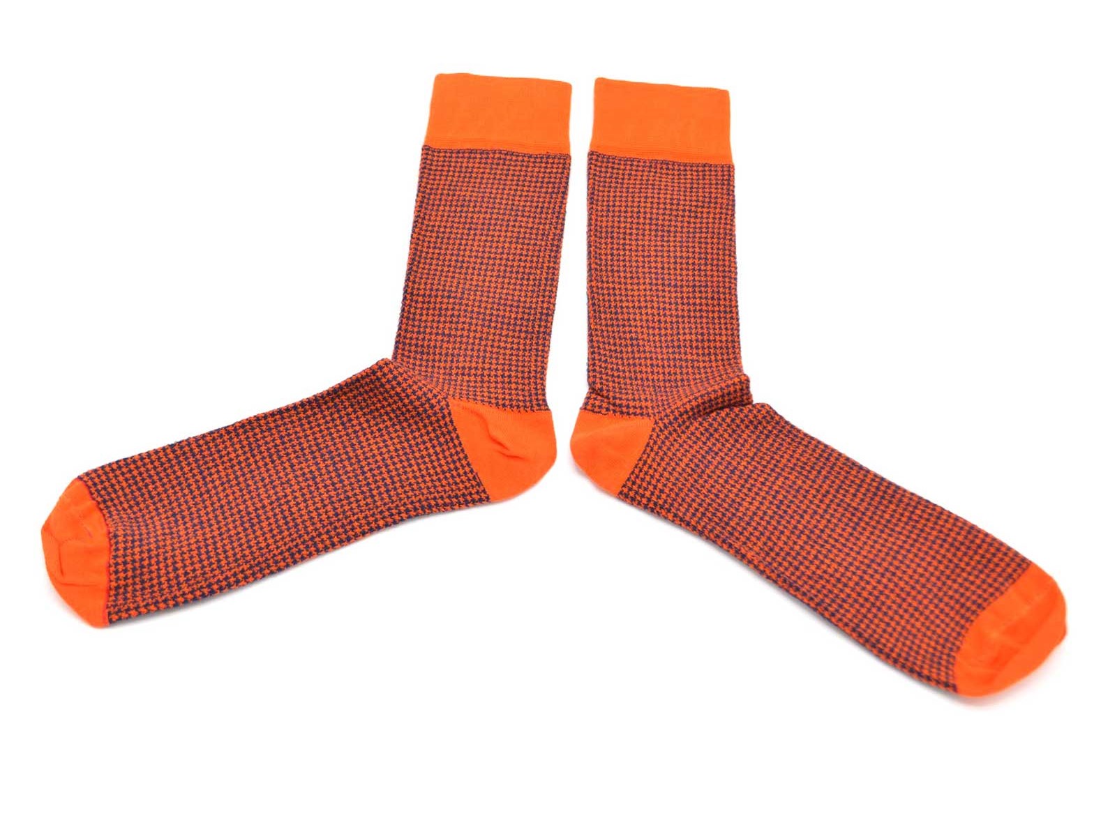 chaussettes-fantaisie-hommes-femmes-en-coton-orange-à-motif-pied-de-poule-bleu-bleu-marine-remaillées-à-la-main